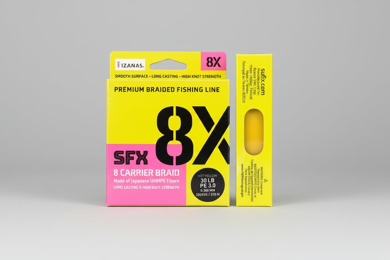 Yellow packaging of SFX 8X braided fishing line with branding and product details.