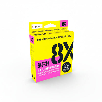Yellow and pink packaging of SFX 8X braided fishing line on a white background