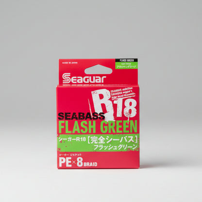 Seaguar R18 Seabass Flash Green fishing line packaging on a white background