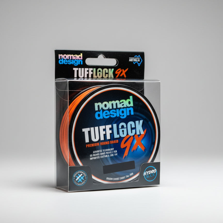 Packaged fishing line with 'nomad design Tuff Lock 9X' branding on a white background